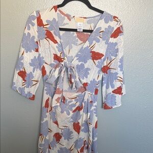 L SPACE Floral Tie-Front Midi Dress in White, Blue & Rust